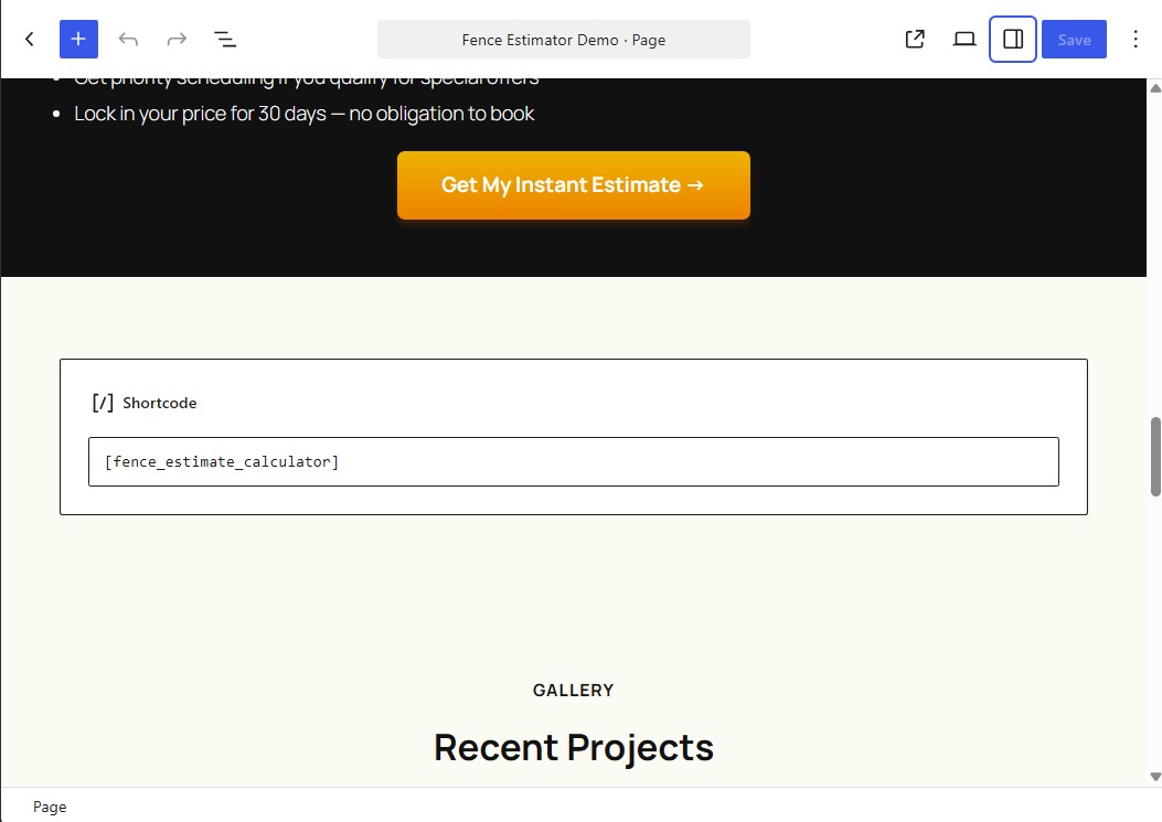 Ballpark Estimator shortcode added in the WordPress page editor
